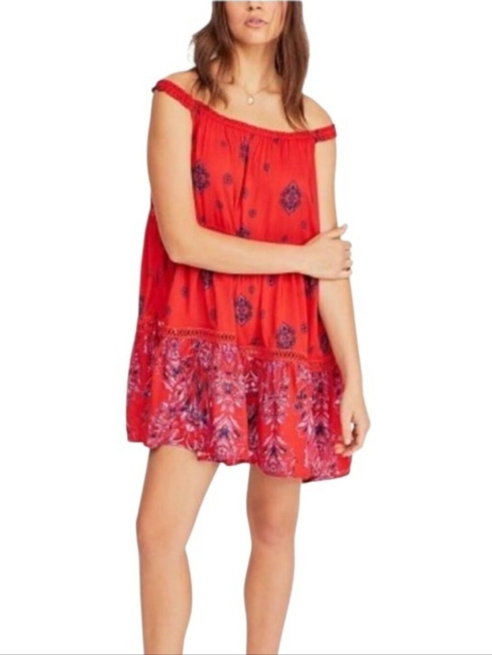 Free People "Talk to Me" Trapeze Mini Dress Red Combo